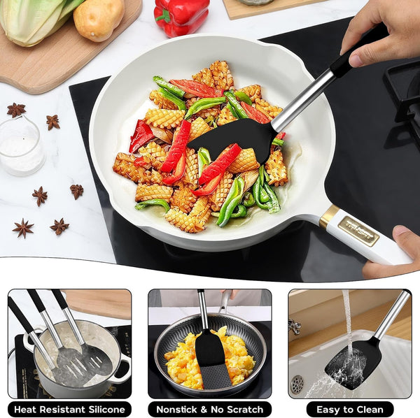 Kitchen Utensils Set, 15 Pcs Silicone Cooking Utensils Set with Holder and Heat Resistant Stainless Steel Handle for Nonstick Cookware - Black5