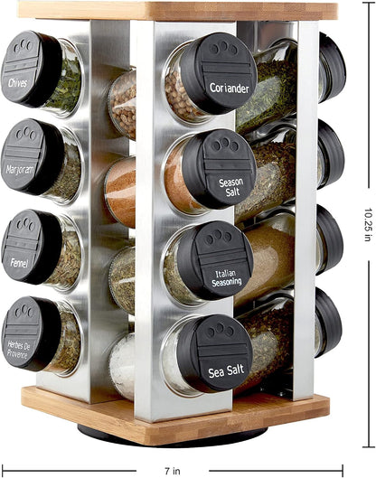 16 Jar Warner Revolving Countertop Spice Rack Organizer with Lift & Pour Caps and Spices Included, FREE Spice Refills for 5 Years, Stainless Steel & Bamboo with Black Caps2
