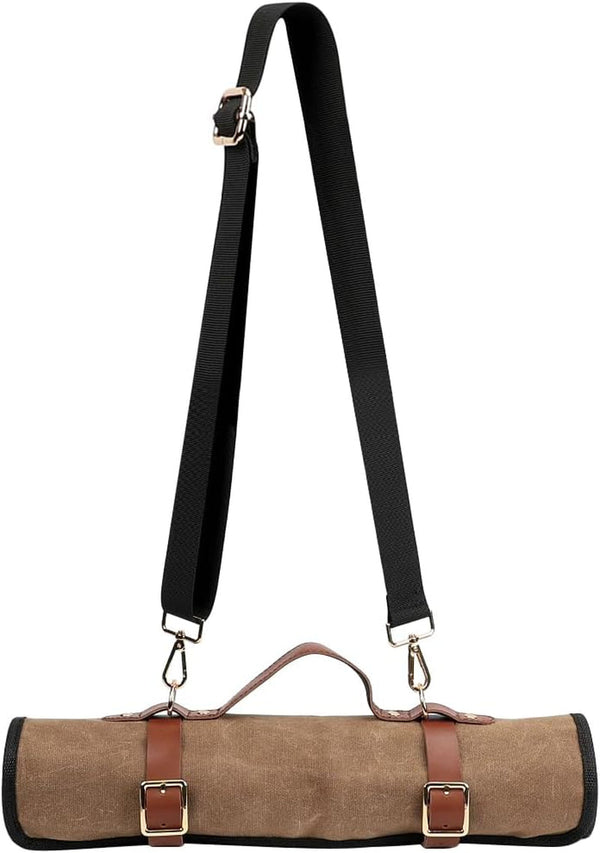 Knife Roll with Leather Straps and Metal Buckles, Double Layer Waxed Canvas Knife Bag, Large Chef Knife Bag with Handle and Shoulder Strap2