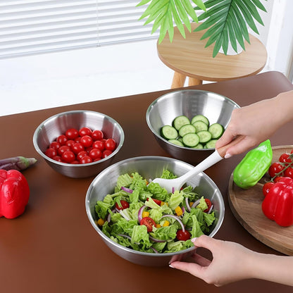 3 Packs Stainless Steel Mixing Bowls with Measurement Marks, Thicker Stainless Steel Flat Bottom Mixing Bowls Set, Stackable Salad Bowl for Cooking, Baking, Salad, Vegetables4