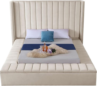 Meridian Furniture Kiki Collection Modern | Contemporary Velvet Upholsterd Bed with Channel Tufting, Siderails and Footboard Storage Compartments, King, Cream6