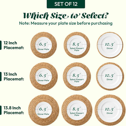 13 in round Woven Placemats Plate Chargers Set of 12, Boho Farmhouse Rustic Woven Place Mats for Kitchen Dining Party Table Decor, Rattan Wicker Table Mats Jute Braided Chargers for Dinner Plates2