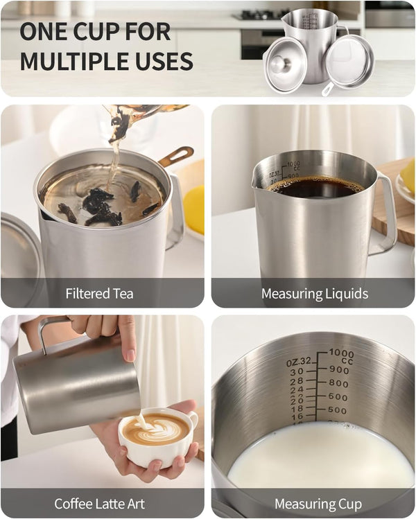 304 Stainless Steel Measuring Cup with Lid, Strainer, 32Oz Pitcher for Milk5