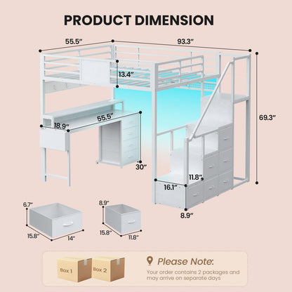 Full Size Loft Bed with 55.5" Desk and Storage Stairs, White2