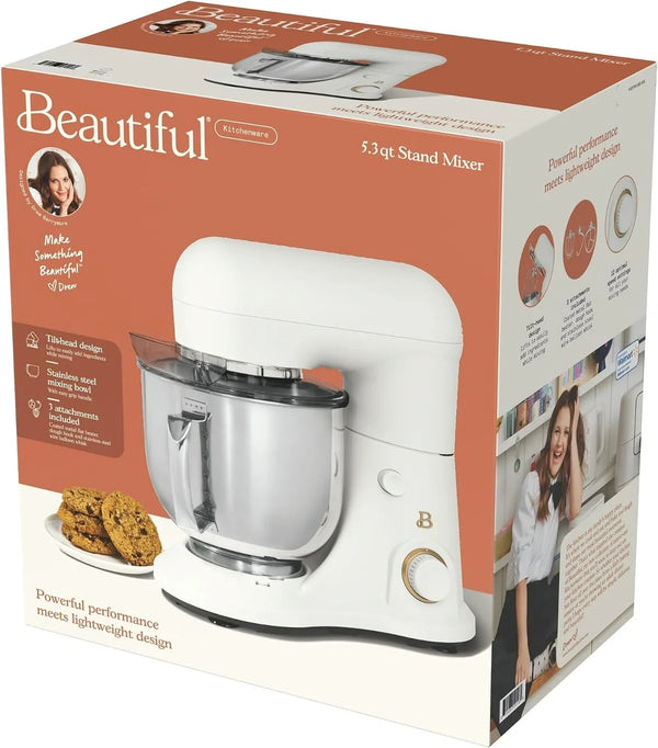 Beautiful 5.3 Qt Stand Mixer, White Icing with Flat Beater, Dough Hook, Balloon Whisk2