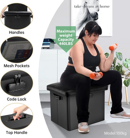 Storage Ottoman with Lock,Fireproof Folding Ottoman Foot Rest Stool Storage Chest with Storage Safe for Important Documents,Waterproof 17 Inches Short Ottoman Foot Stool with Handles,Black6