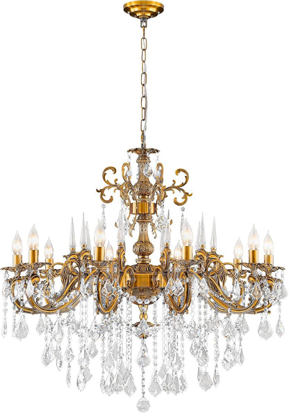 Gold Crystal Chandelier, 10-Light Antique Bronze Candle Pendant Ceiling Light Fixture with K9 Crystals for Dining and Living Room, Bedroom, Kitchen Island, Hallway, Dia 36"8