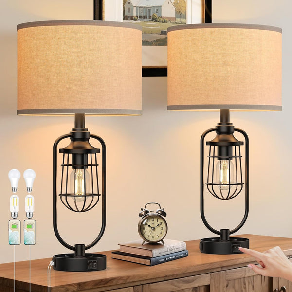 24" Farmhouse Table Lamps for Living Room Set of 2, Black Rustic Lamps for Night Stands with USB Ports, Industrial Bedside Lamp for Bedroom End Tables, Bulbs Included1