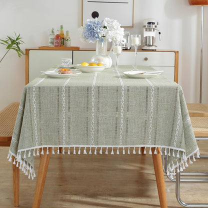 Sage Green Rustic Table Cloth, Rectangle Textured Cotton Linen Fabric Tablecloth with Tassel, Christmas Farmhouse Table Cover Embroidery Stripe Tablecloths for Kitchen Dinning Party, 55" X 55"1