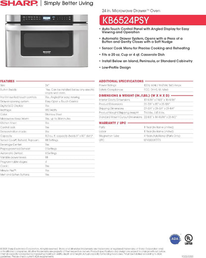 Sharp KB6524PSY 24 In. 1.2 Cu. Ft. Built-In Microwave Drawer Oven | 1.2 Cubic Feet, 950 Watt, Angled Touch Control Panel10
