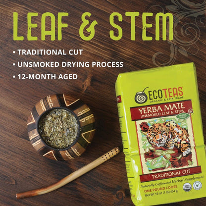Organic Yerba Mate Loose Tea Traditional Cut 1 Lb Bag Pack of 1 | Unsmoked Traditional Cut 1 Lb, USDA Organic Kosher Non-Gmo Gluten Free, Smooth Clean Natural Caffeine, Low Acid4