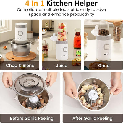 4-IN-1 Food Processor: 350W Electric Meat Grinder, 2 Bi-Layer 4 Blades, 1.8L Stainless Steel Bowl, Juicer, Coffee Grinder, Garlic Peeler, Vegetable Chopper, 2-Speed, 150&350Ml Cups, White2