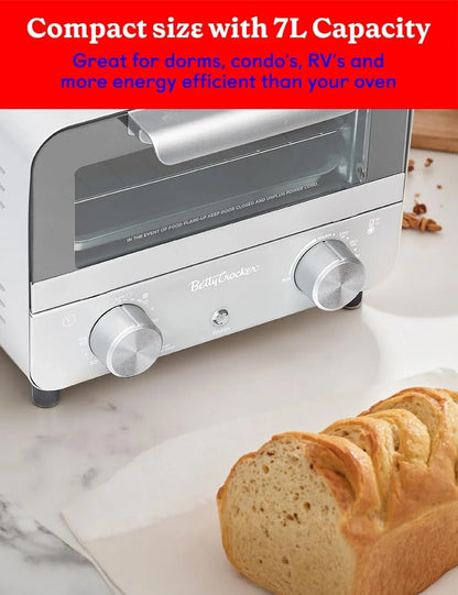 Mini Toaster Oven, 750W, BC-5629W, White | Compact Countertop Oven for Dorms, Rvs, Apartments, 7-Liter Capacity, Adjustable Timer, Includes Baking Tray & Rack5