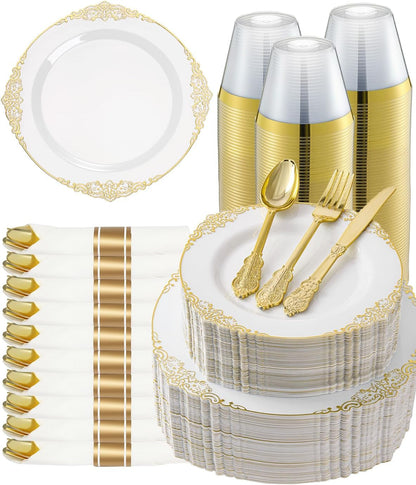 350 Piece Gold Plastic Dinnerware Set for 50 Guests1