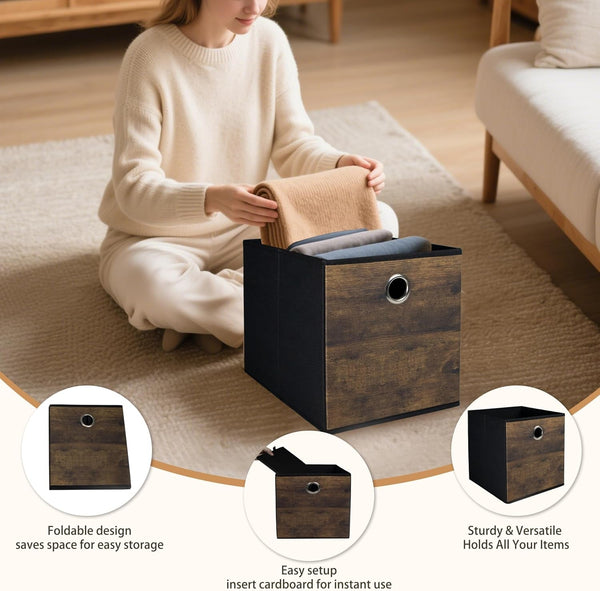 4 Pack Durable Storage Cube Bins with Wood Grain,Thickened Fabric Box,Storage Baskets for Open Shelf,Bookcase,Closet,Storeroom,Bedroom,Living Room,Nursery,Office,Dorm, 10.2X10.2X11In (Small)3