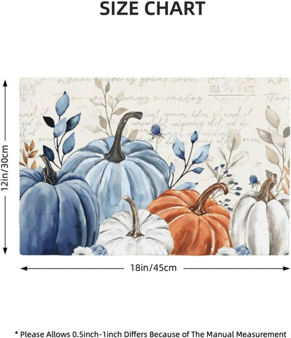 Fall Placemats Set of 4 Blue Orange Pumpkin Leaves Decor Place Mats 12X18 Inch Autumn Leaf Harvest Thanksgiving Decorative Linen Table Mats for Home Kitchen Dining Party Table Decoration3