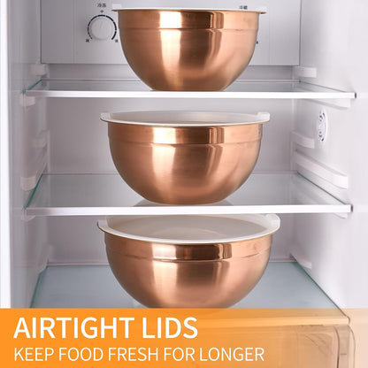 Rose Gold Mixing Bowls with Airtight Lids, Stainless Steel Nesting Mixing Bowls Set of 7, Ideal for Baking, Prepping and Serving Food, Size 7, 3.6, 2.7, 2.1, 1.5, 1.1,0.8 QT, Stackable Design7
