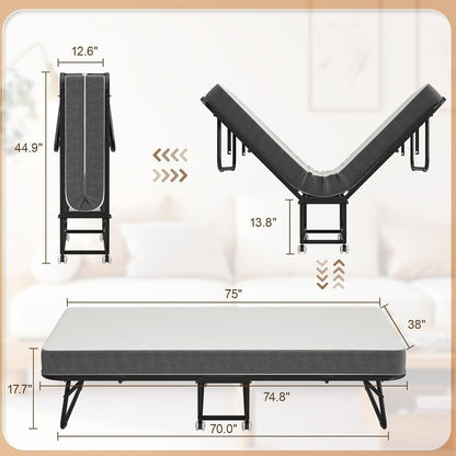 75" X 38" Folding Bed with Mattress for Adults, Portable Foldable Rollaway Bed with Memory Foam Mattress & Super Strong Frame, Convenient Roll Away Bed for Storage2