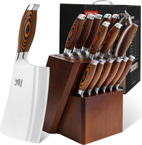 Knife Block Set 17-Piece Knife Set with Wooden Block - German Steel Perfect Cutlery Set Gift1