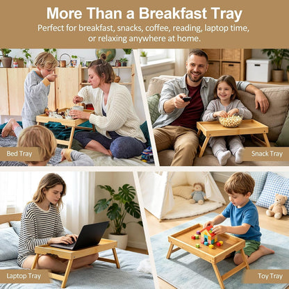 2 Pack Bamboo Bed Tray Tables with Folding Legs, Medium, Natural | Set of 2 Bamboo Bed Trays with Folding Legs and Wave Handles for Meals, Laptops and Serving in Bed or on Sofa.7