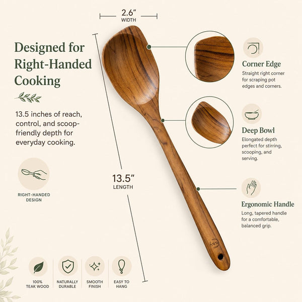 Teak Wooden Spoon for Cooking, Right Hand Corner Spoon, Nonstick Cookware | Spoon and Spatula in One: Scrape Fond, Stir, and Serve with a Solid Teak Corner Spoon and Ergonomic, Comfortable Handle5