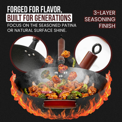 Pre-Seasoned Cast Iron Nonstick Stir-Fry Pan | Dual Handles & 4 Spatulas | Flat Bottom Wok with Wooden Lid & Wood Handle | Traditional Chinese Induction Wok (32Cm)6