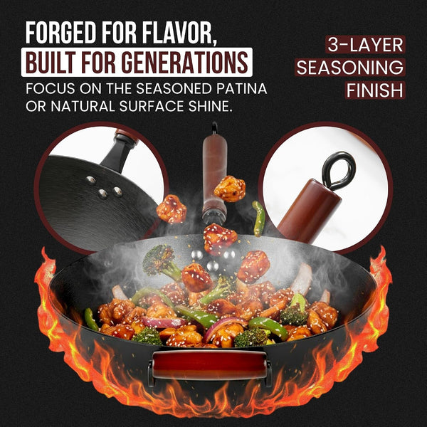 Pre-Seasoned Cast Iron Nonstick Stir-Fry Pan | Dual Handles & 4 Spatulas | Flat Bottom Wok with Wooden Lid & Wood Handle | Traditional Chinese Induction Wok (32Cm)6