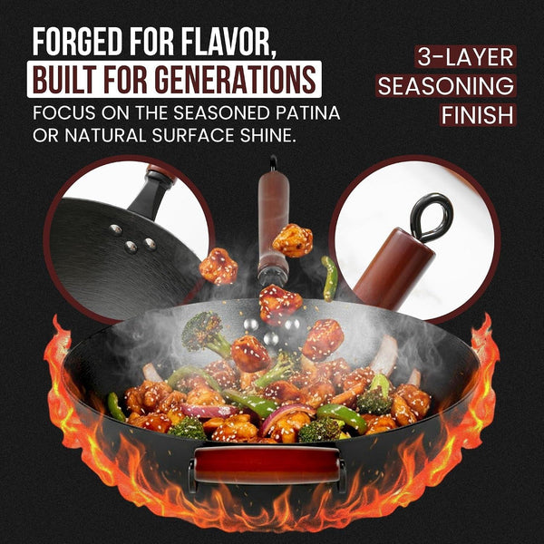Pre-Seasoned Cast Iron Nonstick Stir-Fry Pan | Dual Handles & 4 Spatulas | Flat Bottom Wok with Wooden Lid & Wood Handle | Traditional Chinese Induction Wok (34Cm)8