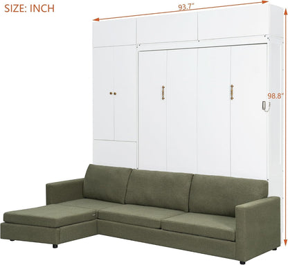 Wall Bed Queen Size with Sofa and Shelves,Multi-Functional Hideaway Murphy Bed W/Teddy Fleece Couches & Dual-Piston Metal Folding System Cabinet,Lock,Space Saving for Bedroom,Green4