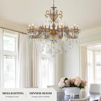 Gold Crystal Chandelier, 10-Light Antique Bronze Candle Pendant Ceiling Light Fixture with K9 Crystals for Dining and Living Room, Bedroom, Kitchen Island, Hallway, Dia 36"5
