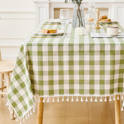 Spring Gingham Tablecloth Rectangle Cotton Linen Fabric Checkered Table Cloth with Tassel Washable Wrinkle Free Buffalo Plaid Table Cover for Outdoor Party Picnic Kitchen Dining, Green, 55X751
