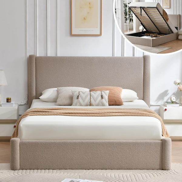 Full Lift up Storage Bed Frame, 44.88" Tall Upholstered Headboard, Soft Rounded Corner Design, Bouclé Texture Platform Bed with Hydraulic Storage, No Box Spring Needed, Soft Beige1