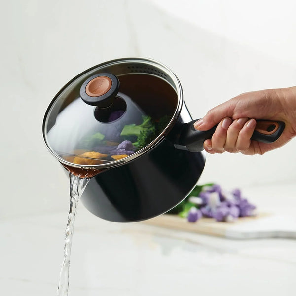 Glide Copper Ceramic Nonstick Straining Sauce Pan with Lid, 3-Quart, Black11