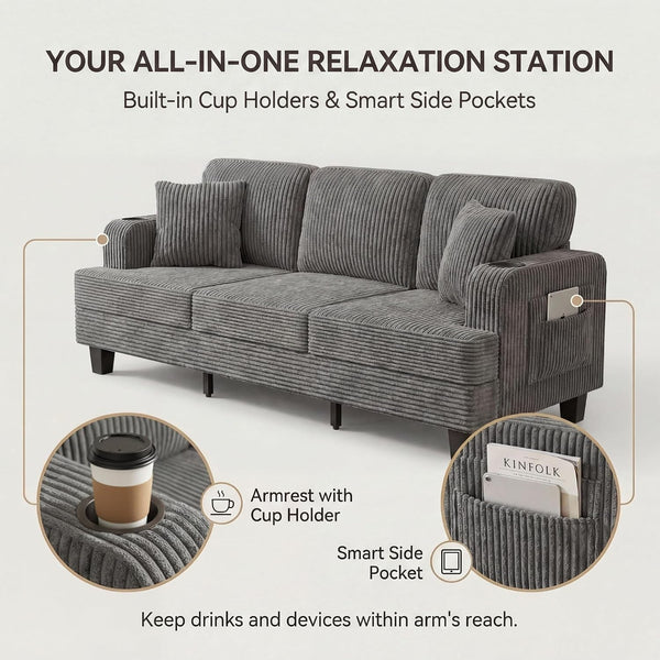 83" Modern Couch with Side Storage Pockets and Cup Holders5