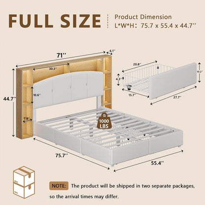 Full Bed Frame with 5-Tier Storage Headboard & 4 Large Drawers, Curved Velvet Upholstered Platform Bed Frame with Charging Station & LED Lights, Heavy Duty Slats Support, Noise-Free, White2