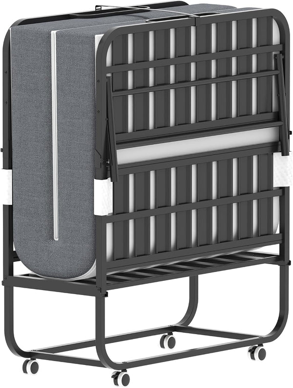 Folding Bed with Mattress for Adults,75" X 38" Portable Rollaway Bed Guest on Wheels with Memory Mattress and Heavy Duty Sturdy Metal Frame,Foldable Bed for Adults and Guest, Twin Size,Cot Size1
