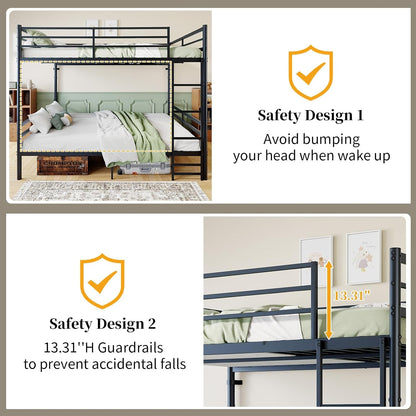 Queen over Queen Metal Bunk Bed with Ladder and High Guardrails, Convertible into 2 Queen Beds,770 Lbs Bottom & 550 Lbs Top Capacity, Heavy-Duty Slat Support, No Box Spring Needed6