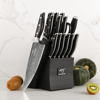 Damascus Knife Set with Block, 16-Piece VG10 67-Layer Steel Kitchen Knives | 16-Piece Premium Damascus Kitchen Knife Set with VG10 Steel Core, 67 Layers, Wood Block, and Triple-Rivet Handles6
