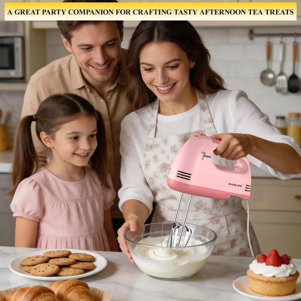 Hand Mixer. 7-Speed Adjustable Kitchen Electric Mixer. with 5 Stainless Steel Attachments: 2 Hooks, 2 Beaters, 1 Whisk. Comes 1 Storage Box. Perfect for Bakers and New Starters. Pink6