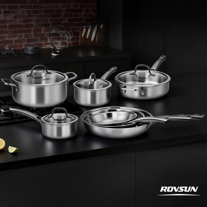 11-Pcs Stainless Steel Cookware Set, Tri-Ply Pots and Pans Set, Non-Toxic Kitchen Set, PFOA & PTFE Free, Full Clad Frying Pans, Saucepans, Saute Pan & Stock Pot, Compatible for All Cooktops9