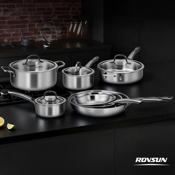 11-Pcs Stainless Steel Cookware Set, Tri-Ply Pots and Pans Set, Non-Toxic Kitchen Set, PFOA & PTFE Free, Full Clad Frying Pans, Saucepans, Saute Pan & Stock Pot, Compatible for All Cooktops9
