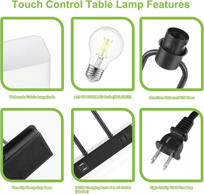 Bedside Touch Control Table Lamp, 3 Way Dimmable Modern Nightstand Lamp | Dual USB Charging Ports 1 AC Outlet, White Fabric Shade, Desk Lamp for Bedroom Living Room Office with 5000K LED Bulb4