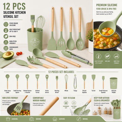 Caboh Silicone Kitchen Utensil Set 12 PCS – Heat Resistant Cooking Tools with Spatula, Serving Spoon, Tongs, Whisk & Holder, Nonstick Safe Bpa-Free Kitchen Accessories Set (Light Green)7