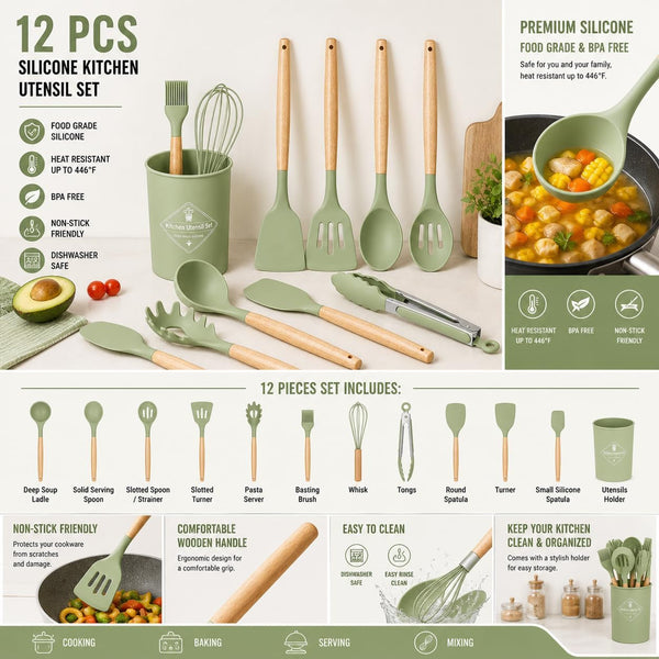 Caboh Silicone Kitchen Utensil Set 12 PCS – Heat Resistant Cooking Tools with Spatula, Serving Spoon, Tongs, Whisk & Holder, Nonstick Safe Bpa-Free Kitchen Accessories Set (Light Green)7