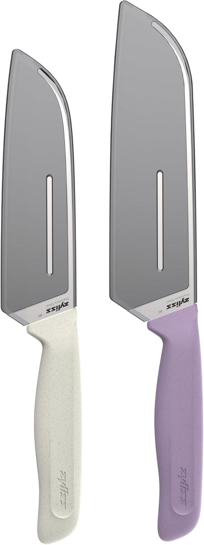 Classic 2 Piece Santoku Knife Set, Stainless Steel 15° Hollow-Ground Blades, Ergonomic Wheat Straw Handles, Finger Guard & Blade Covers, Dishwasher Safe2