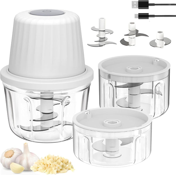 Mini Food Processor Cordless Chopper Set W/Multi 3 Bowl(400Ml+250Ml+100Ml) | 6+3+2 Stainless Steel Blades, Safe PP/PS Jar, Small USB-C Rechargeable Garlic Chopper, Wireless Electric Veggie Meat Blender1