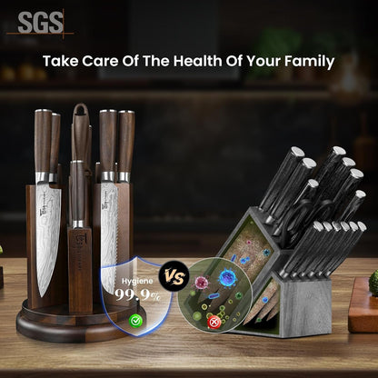 14-Piece Kitchen Knife Set with Magnetic Block, New for 2026 | 360° Rotatable Block, Japanese Style Chef Knife & Steak Knife Set with Sharpener, Wood Handle, Damascus Pattern, Ideal Gift3