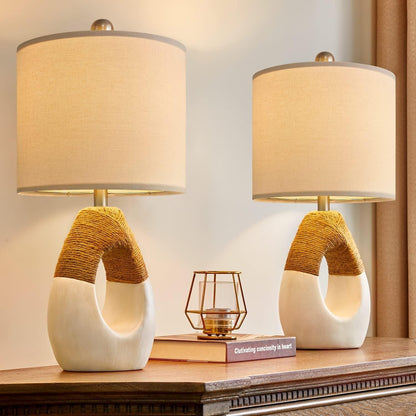 19'' Small Boho Table Lamps for Bedroom Set of 2, Farmhouse Rattan Bedroom Lamps for Living Room Rustic Home Decor, Nightstand Bedside Lamps for Sofa Table Entry Way, Suitable for Small Places1