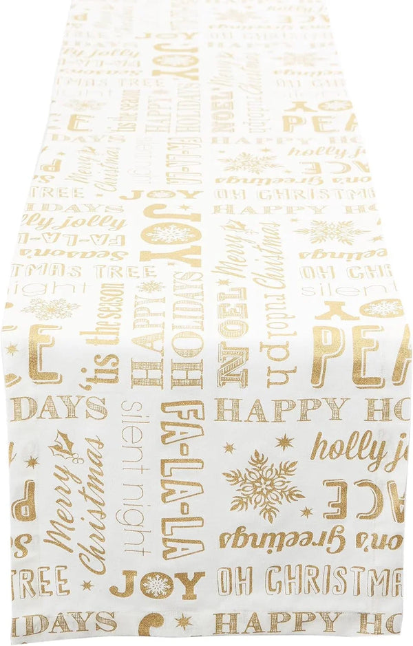Holiday Dining Table Linen Metallic Fabric Kitchen Décor, Christmas Table Runner, 14X108, Gold Holiday Collage1