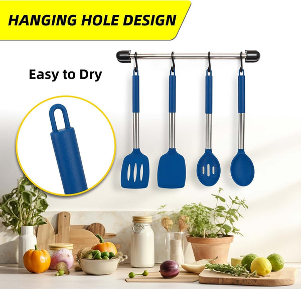 4 Pack Silicone Utensils Set，Non Stick Solid Spatulas, Slotted Spoons with Stainless Steel Handle，Spatulas for Cooking，Frying, Mixing, Serving -Blue5